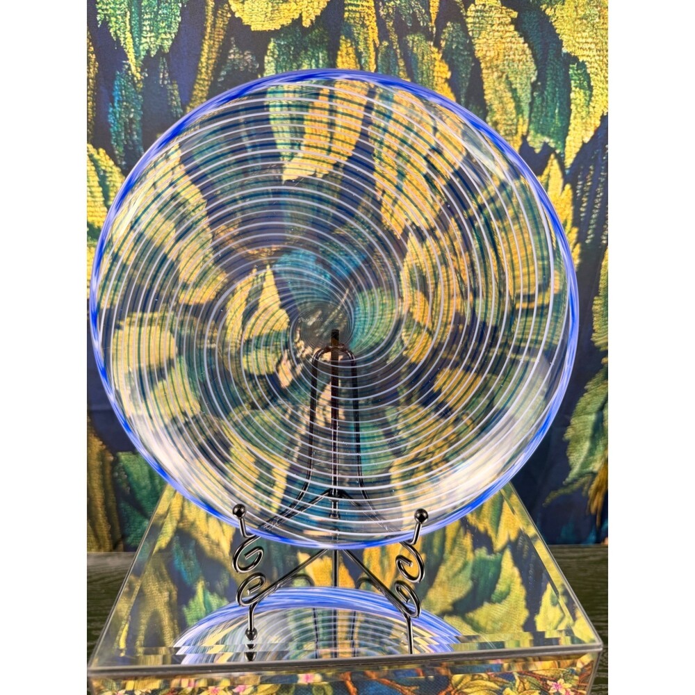 Pasabache Art Glass Blue White Spiral Swirl Shallow Bowl Signed Studio Glass 9"